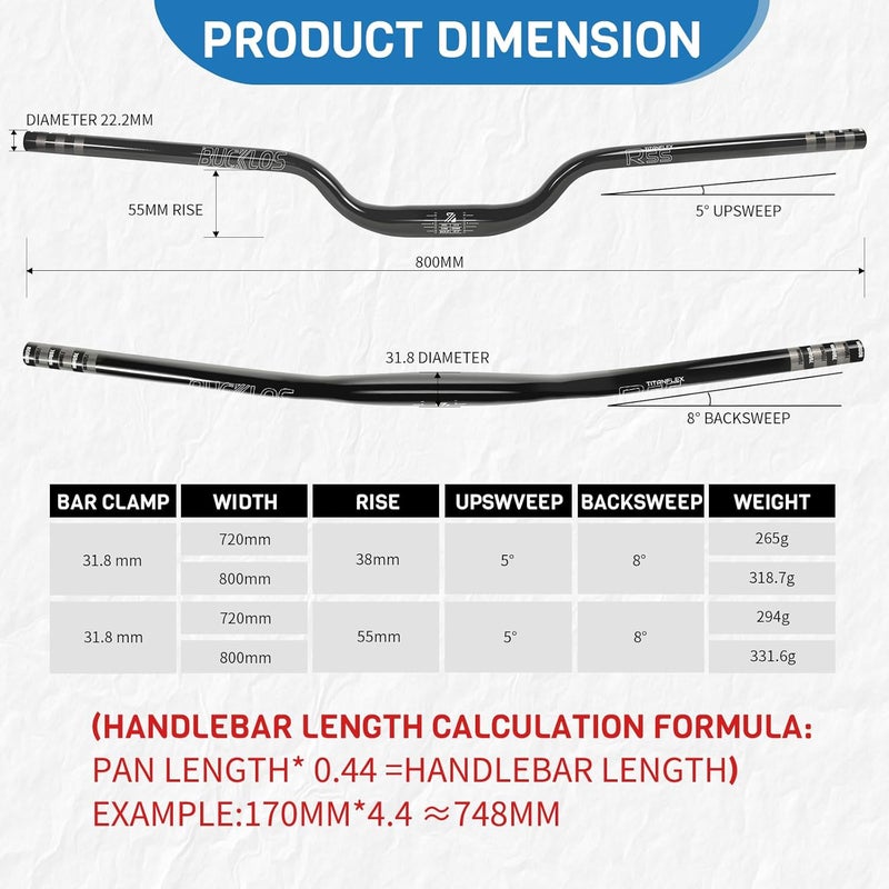 BUCKLOS 31.8mm—55mm Rise Mountain Bike Handlebars Riser Bar, Aluminum Alloy MTB Handlebar 800mm, Premium Matter Mount Bikes Bicycle Handle Bar - Image 4